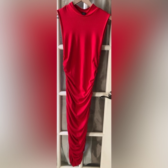 Women's Solid Mock Neck Sleeveless Ruched Bodycon Dress in red - Picture 5 of 9